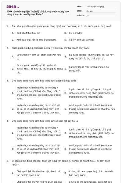 100+ câu trắc nghiệm Quản lý chất lượng nước trong nuôi trồng thủy sản có đáp án - Phần 2