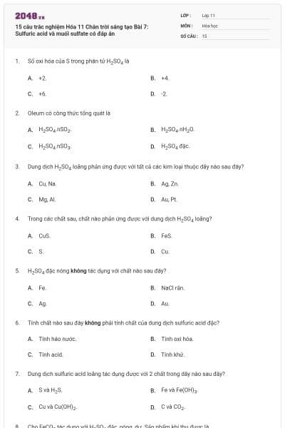 15 câu trắc nghiệm Hóa 11 Chân trời sáng tạo Bài 7: Sulfuric acid và muối sulfate có đáp án