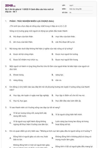 Bộ 2 đề thi giữa kì 1 GDCD 9 Cánh diều cấu trúc mới có đáp án - Đề 1