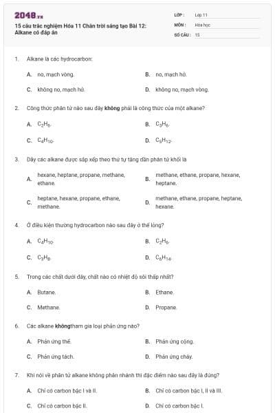 15 câu trắc nghiệm Hóa 11 Chân trời sáng tạo Bài 12: Alkane có đáp án