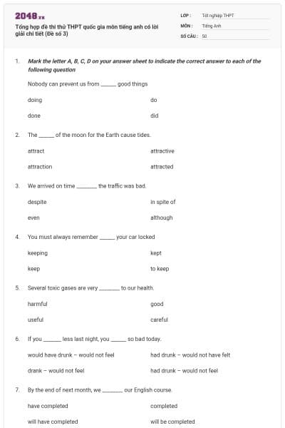 Tổng hợp đề thi thử THPT quốc gia môn tiếng anh có lời giải chi tiết (Đề số 3)