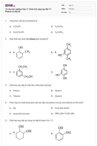15 câu trắc nghiệm Hóa 11 Chân trời sáng tạo Bài 17: Phenol có đáp án