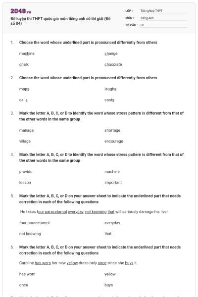 Đề luyện thi THPT quốc gia môn tiếng anh có lời giải (Đề số 04)