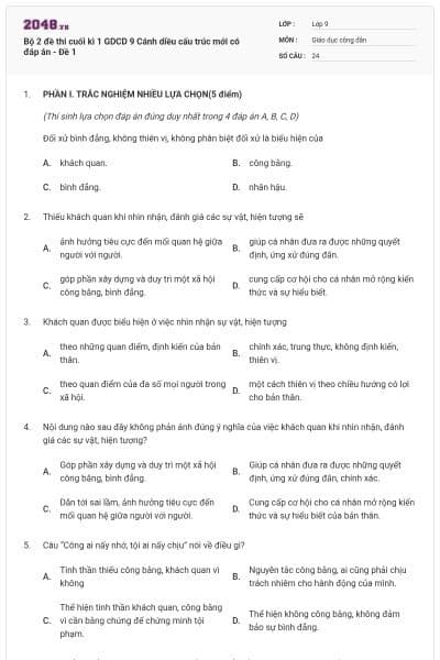 Bộ 2 đề thi cuối kì 1 GDCD 9 Cánh diều cấu trúc mới có đáp án - Đề 1