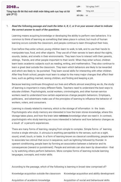 Tổng hợp đề thi thử mới nhất môn tiếng anh cực hay có lời giải (P12)