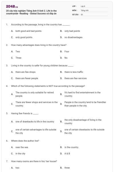 20 câu trắc nghiệm Tiếng Anh 8 Unit 2. Life in the countryside -Reading - Global Success có đáp án