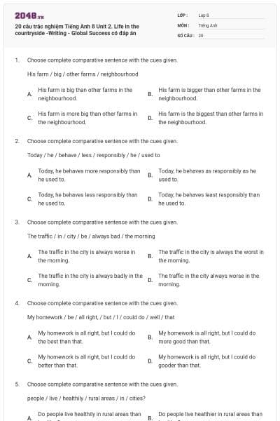 20 câu trắc nghiệm Tiếng Anh 8 Unit 2. Life in the countryside -Writing - Global Success có đáp án