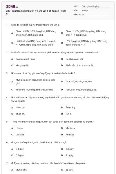 300+ câu trắc nghiệm Sinh lý động vật 1 có đáp án - Phần 5