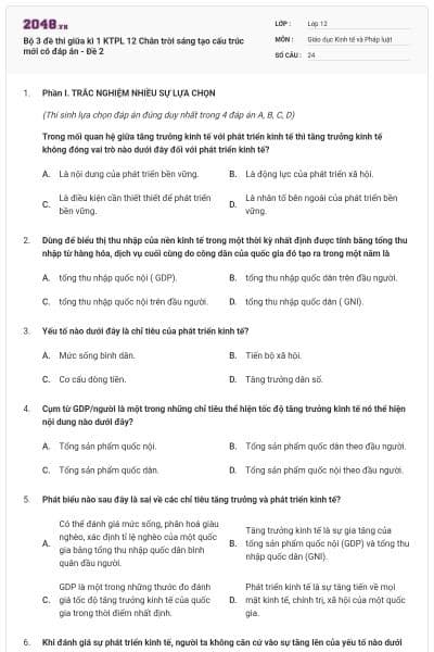 Bộ 3 đề thi giữa kì 1 KTPL 12 Chân trời sáng tạo cấu trúc mới có đáp án - Đề 2