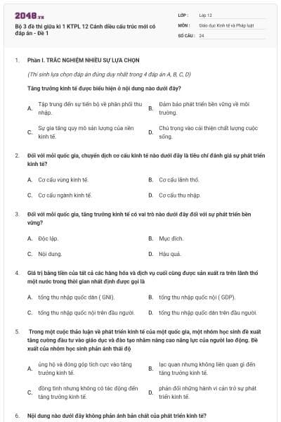 Bộ 3 đề thi giữa kì 1 KTPL 12 Cánh diều cấu trúc mới có đáp án - Đề 1