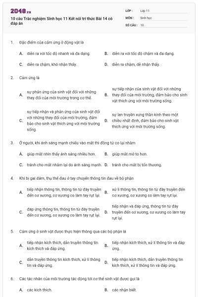 10 câu Trắc nghiệm Sinh học 11 Kết nối tri thức Bài 14 có đáp án