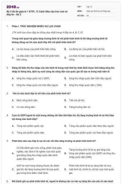 Bộ 3 đề thi giữa kì 1 KTPL 12 Cánh diều cấu trúc mới có đáp án - Đề 2