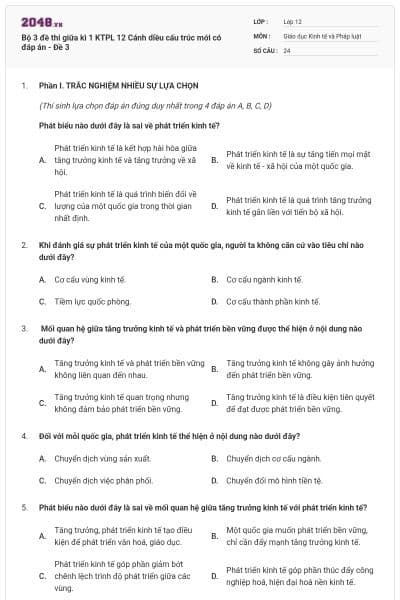 Bộ 3 đề thi giữa kì 1 KTPL 12 Cánh diều cấu trúc mới có đáp án - Đề 3