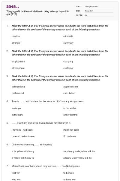 Tổng hợp đề thi thử mới nhất môn tiếng anh cực hay có lời giải (P13)