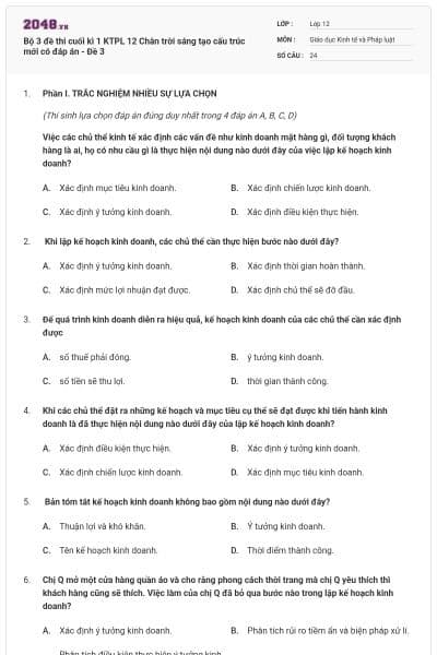 Bộ 3 đề thi cuối kì 1 KTPL 12 Chân trời sáng tạo cấu trúc mới có đáp án - Đề 3