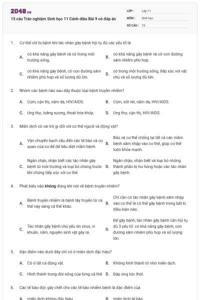 15 câu Trắc nghiệm Sinh học 11 Cánh diều Bài 9 có đáp án