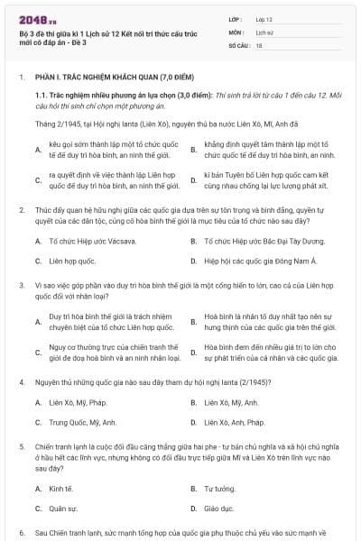 Bộ 3 đề thi giữa kì 1 Lịch sử 12 Kết nối tri thức cấu trúc mới có đáp án - Đề 3