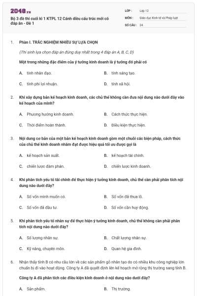 Bộ 3 đề thi cuối kì 1 KTPL 12 Cánh diều cấu trúc mới có đáp án - Đề 1