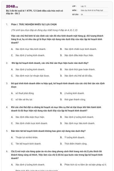 Bộ 3 đề thi cuối kì 1 KTPL 12 Cánh diều cấu trúc mới có đáp án - Đề 2