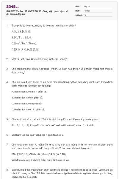 Giải SBT Tin học 11 KNTT Bài 16. Công việc quản trị cơ sở dữ liệu có đáp án