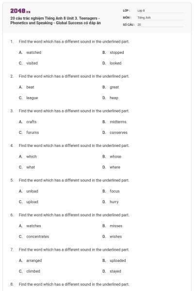 20 câu trắc nghiệm Tiếng Anh 8 Unit 3. Teenagers -Phonetics and Speaking - Global Success có đáp án