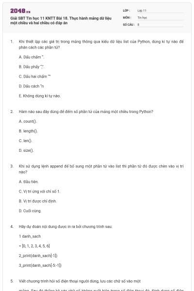 Giải SBT Tin học 11 KNTT Bài 18. Thực hành mảng dữ liệu một chiều và hai chiều có đáp án