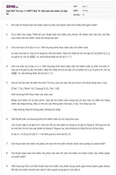Giải SBT Tin học 11 KNTT Bài 19. Bài toán tìm kiếm có đáp án