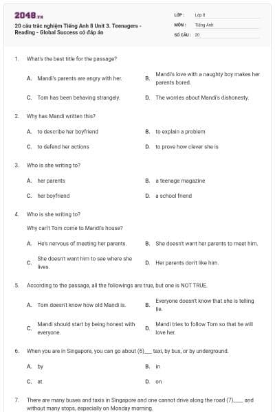 20 câu trắc nghiệm Tiếng Anh 8 Unit 3. Teenagers -Reading - Global Success có đáp án