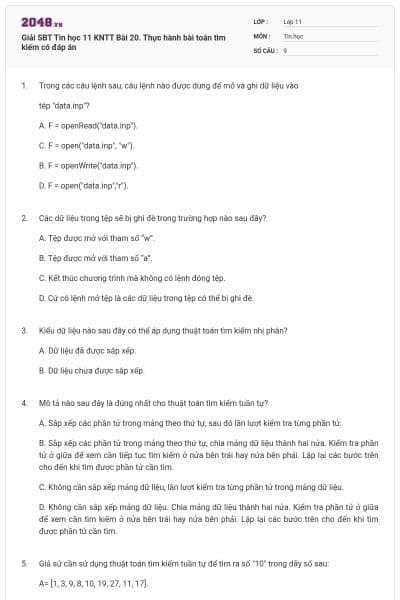 Giải SBT Tin học 11 KNTT Bài 20. Thực hành bài toán tìm kiếm có đáp án