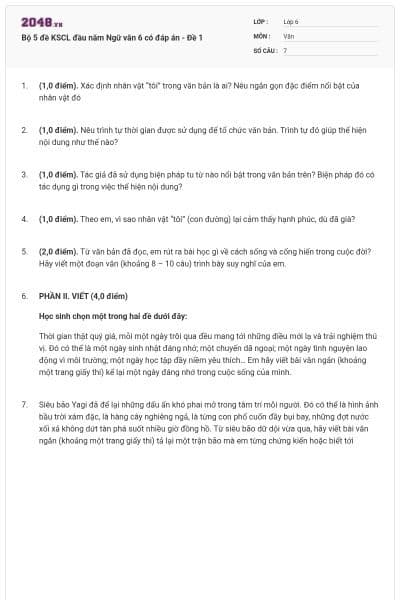 Bộ 5 đề KSCL đầu năm Ngữ văn 6 có đáp án - Đề 1