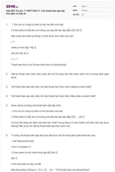 Giải SBT Tin học 11 KNTT Bài 21. Các thuật toán sắp xếp đơn giản có đáp án