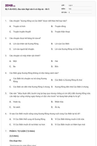 Bộ 5 đề KSCL đầu năm Ngữ văn 6 có đáp án - Đề 5