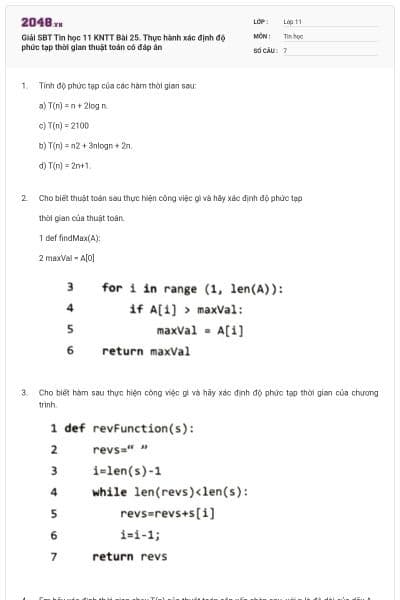 Giải SBT Tin học 11 KNTT Bài 25. Thực hành xác định độ phức tạp thời gian thuật toán có đáp án