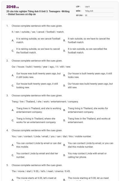 20 câu trắc nghiệm Tiếng Anh 8 Unit 3. Teenagers -Writing - Global Success có đáp án