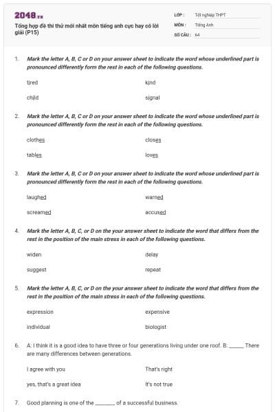 Tổng hợp đề thi thử mới nhất môn tiếng anh cực hay có lời giải (P15)