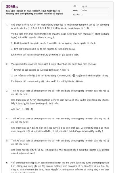 Giải SBT Tin học 11 KNTT Bài 27. Thực hành thiết kế chương trình theo phương pháp làm mịn dần có đáp án
