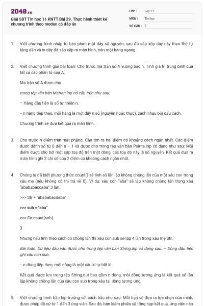 Giải SBT Tin học 11 KNTT Bài 29. Thực hành thiết kế chương trình theo modun có đáp án