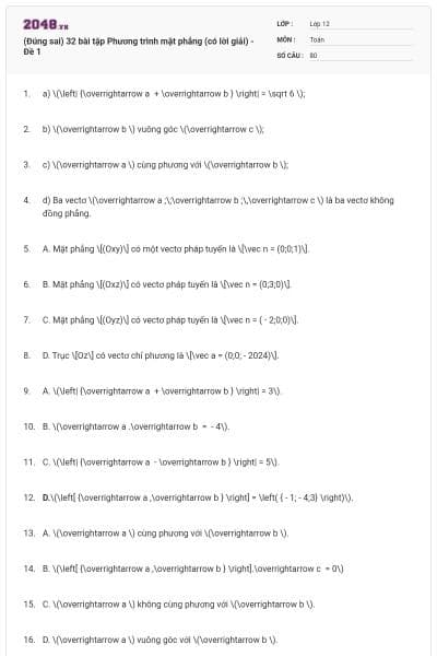 (Đúng sai) 32 bài tập Phương trình mặt phẳng (có lời giải) - Đề 1