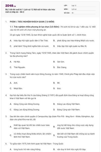 Bộ 3 đề thi cuối kì 1 Lịch sử 12 Kết nối tri thức cấu trúc mới có đáp án - Đề 2