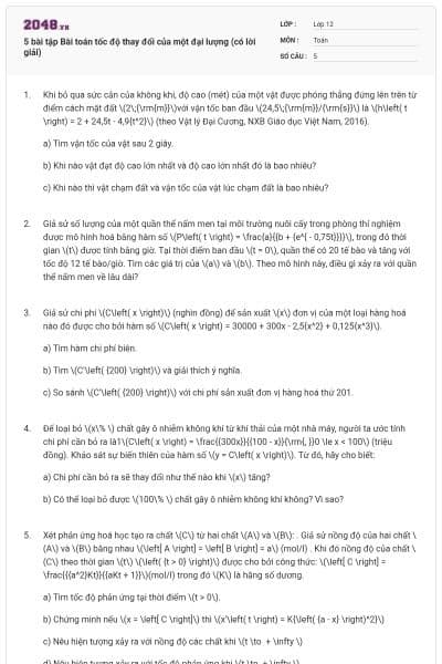 5 bài tập Bài toán tốc độ thay đổi của một đại lượng (có lời giải)