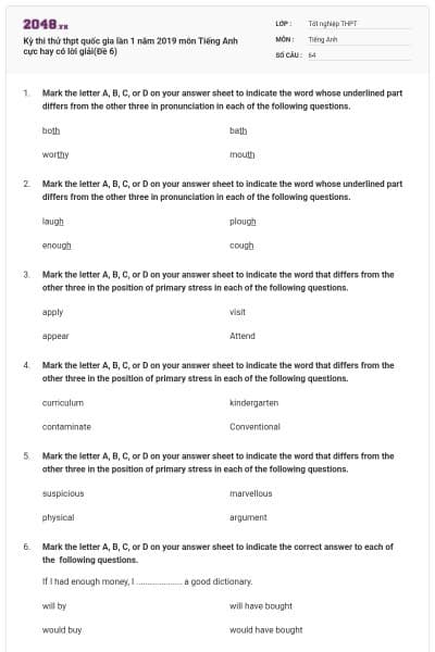 Kỳ thi thử thpt quốc gia lần 1 năm 2019 môn Tiếng Anh cực hay có lời giải(Đề 6)