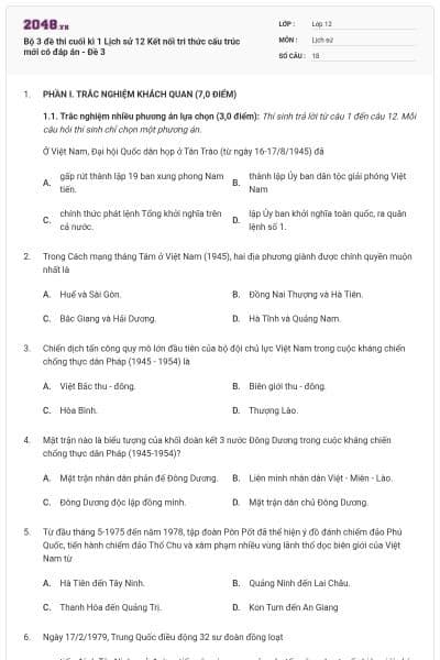 Bộ 3 đề thi cuối kì 1 Lịch sử 12 Kết nối tri thức cấu trúc mới có đáp án - Đề 3