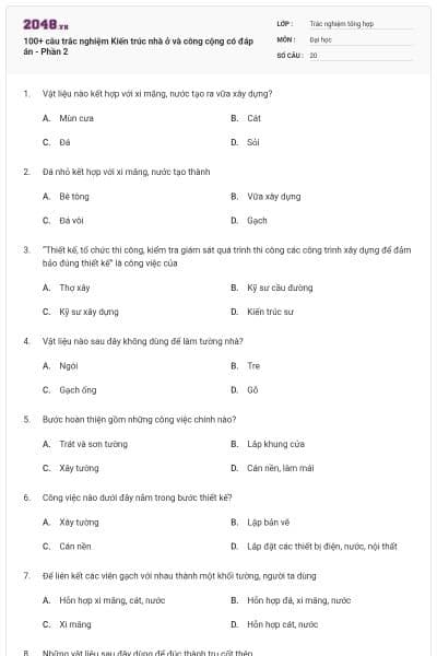 100+ câu trắc nghiệm Kiến trúc nhà ở và công cộng có đáp án - Phần 2