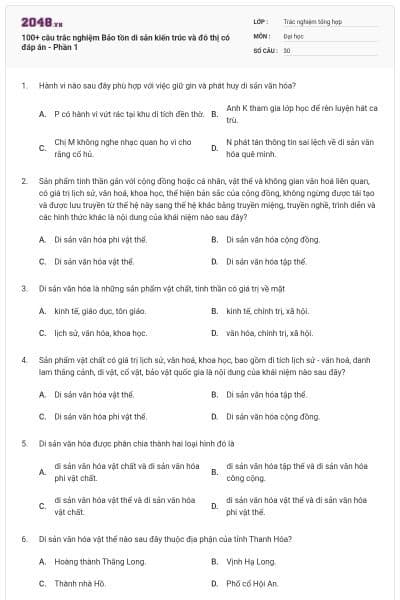 100+ câu trắc nghiệm Bảo tồn di sản kiến trúc và đô thị có đáp án - Phần 1