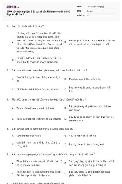 100+ câu trắc nghiệm Bảo tồn di sản kiến trúc và đô thị có đáp án - Phần 3