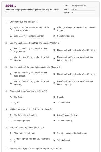 50+ câu trắc nghiệm Điều khiển quá trình có đáp án - Phần 1