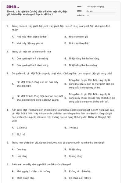 50+ câu trắc nghiệm Các bộ biến đổi điện mặt trời, điện gió thành điện sử dụng có đáp án - Phần 1