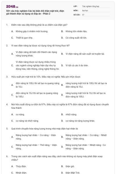 50+ câu trắc nghiệm Các bộ biến đổi điện mặt trời, điện gió thành điện sử dụng có đáp án - Phần 2