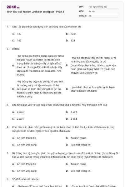 100+ câu trắc nghiệm Lưới điện có đáp án - Phần 3