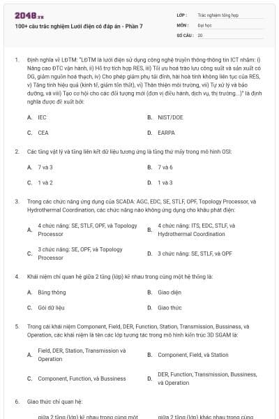 100+ câu trắc nghiệm Lưới điện có đáp án - Phần 7